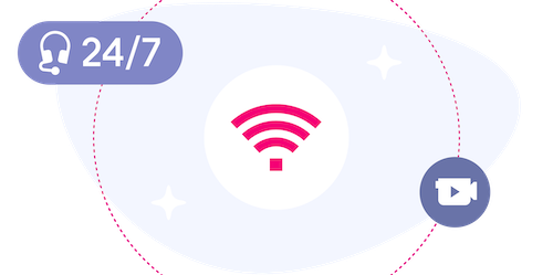 Illustration with a blue "24/7 phone support icon" and a blue "video call icon" with a magenta wifi icon in the middle symbolizing "support"