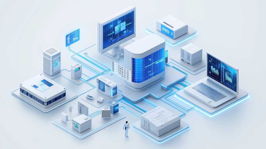 AI-generated showing a high-tech network infrastructure connecting digital devices and servers in a futuristic data center for enhanced connectivity and cloud solutions