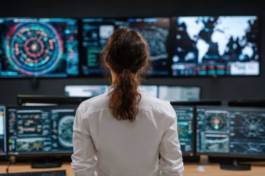 Woman looking at a large wall with various screens showing data, graphs and maps