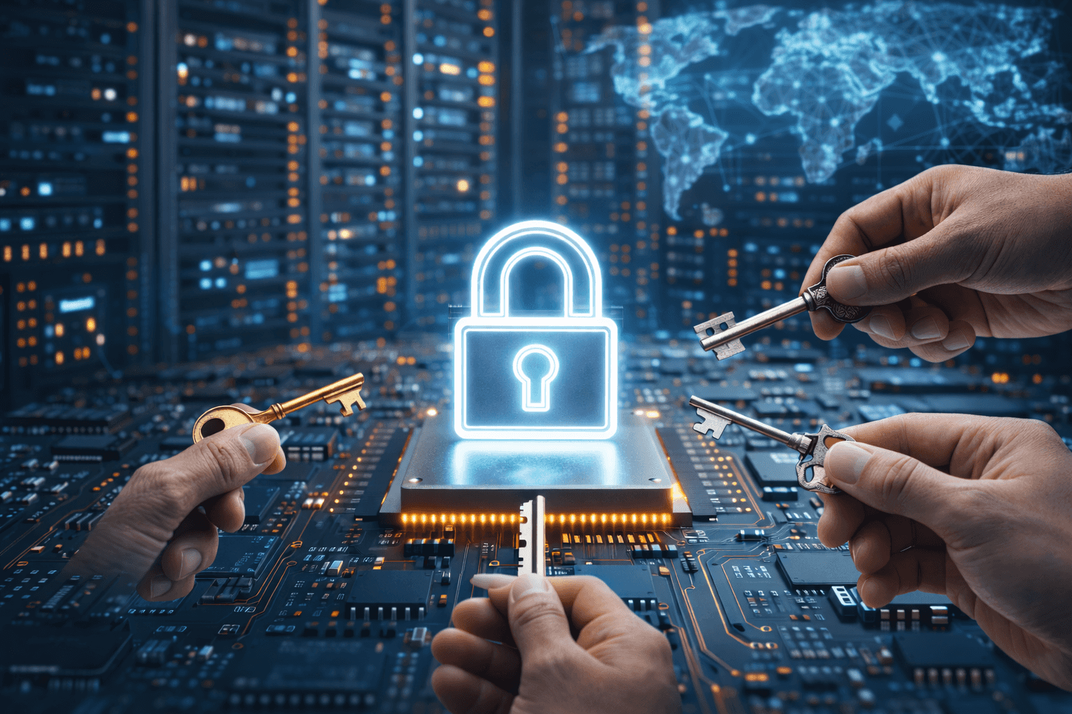 KI-generiertes Bild, das ein durchscheinendes Sicherheitsschloss und vier Hände zeigt, die verschiedene Schlüssel halten, die auf das Schloss gerichtet sind.