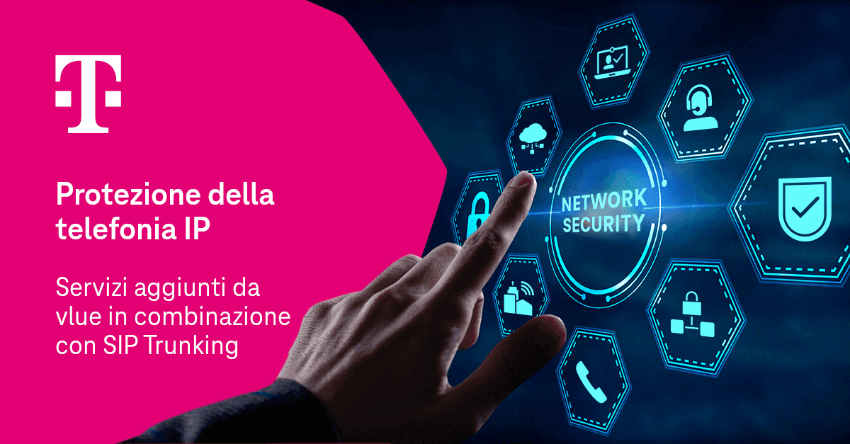 Indice di una mano che tocca un'icona illuminata “Sicurezza di rete” circondata da altre icone relative alla sicurezza e alla rete.