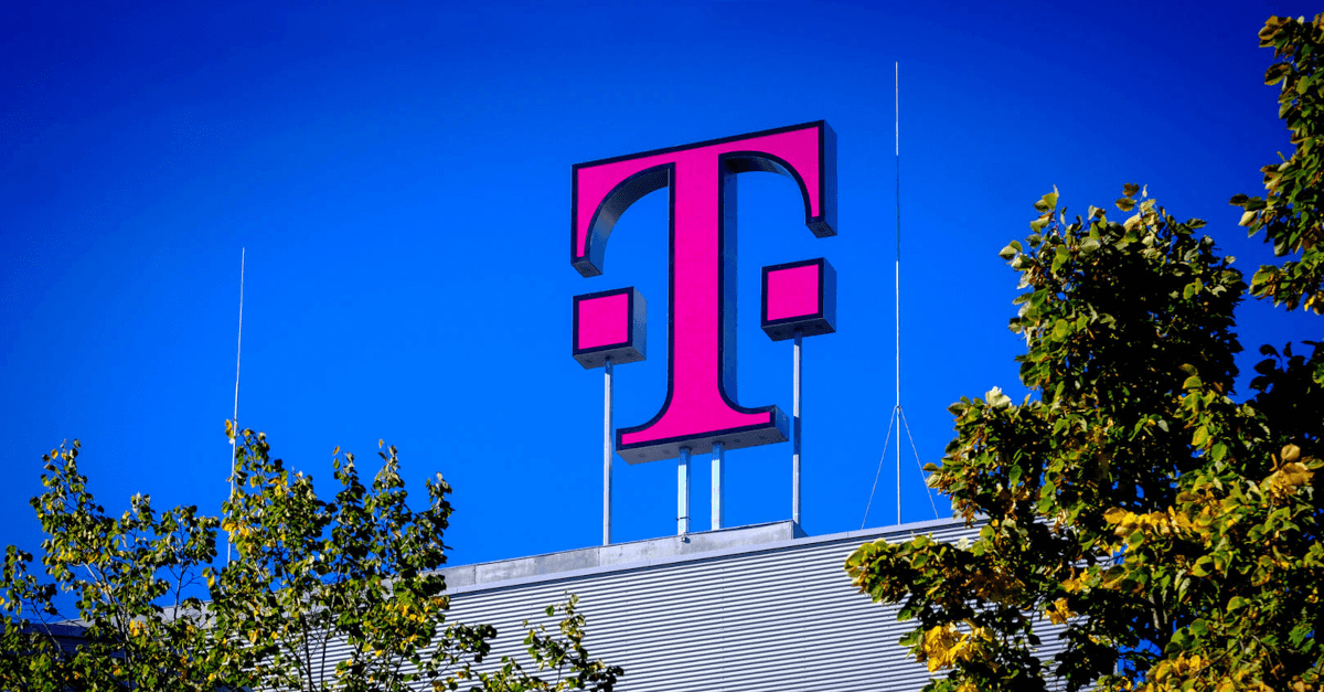 Deutsche Telekom's "T" company logo on top of it's headquarter building in Bonn, Germany.