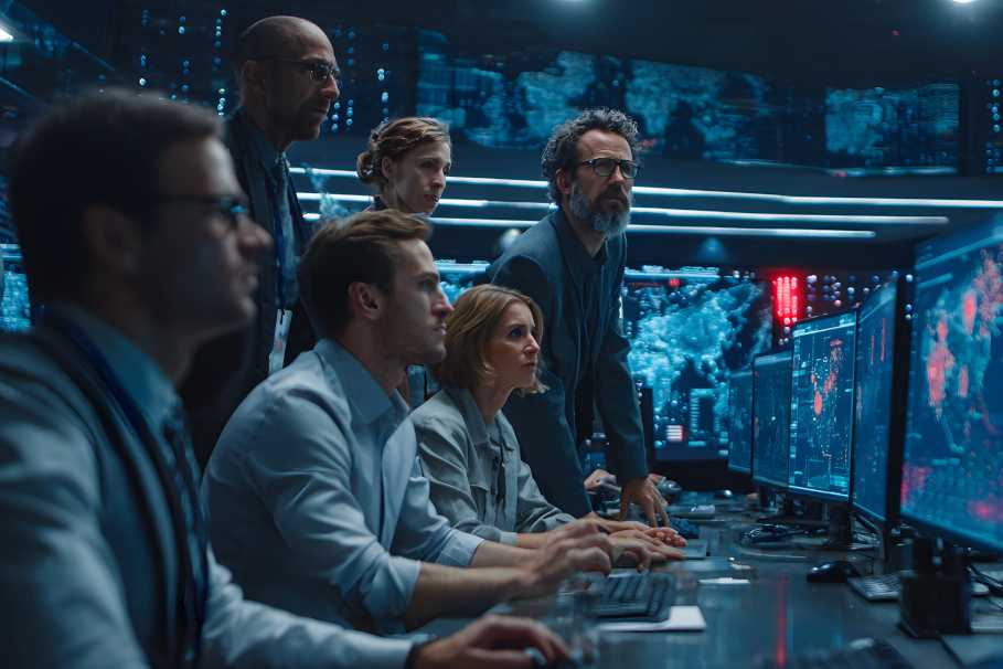 Security Team in einer Security Operations Center. welches vor mehreren Bildschirmen steht
