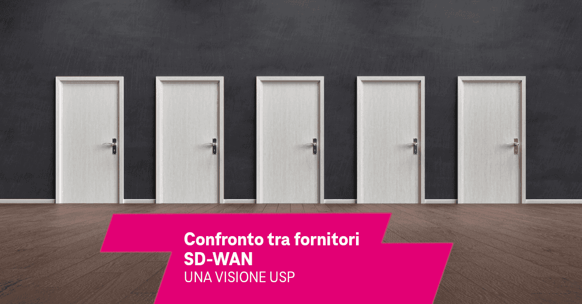 Una fila di 5 porte più il titolo “Confronto tra fornitori SD-WAN” per richiamare le numerose opzioni disponibili in termini di fornitori di tecnologia SD-WAN.