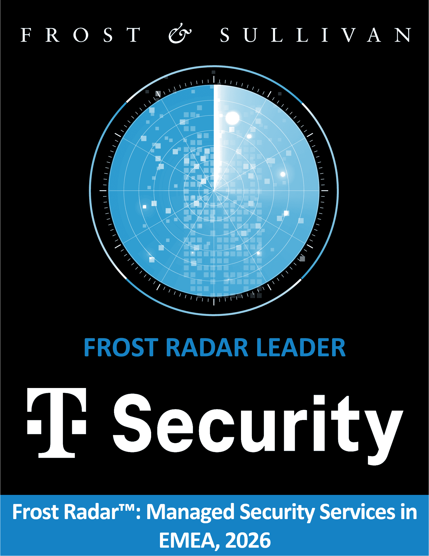 Symbolized blue circle-shaped radar image on black background with the caption "Frost Radar Leader" and the T Logo