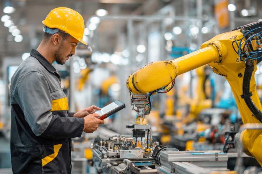 Mann mit Schutzhelm vor einem Industrieroboter stehend