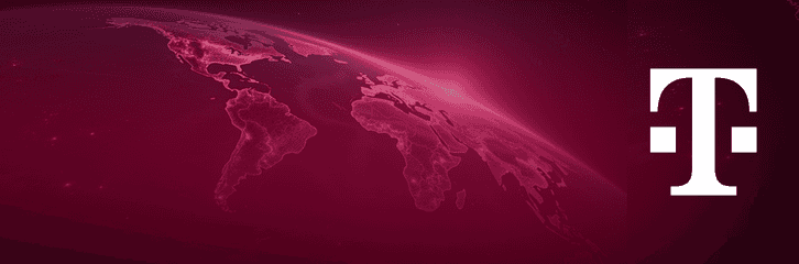 Planeta Terra em tons magenta com destaque para Américas, Europa e África, ao lado do logotipo branco da Deutsche Telekom.