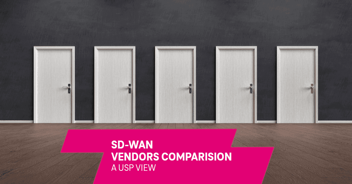 A row of 5 doors plus the headline "SD-WAN vendor comparison" to resemble the many choices available with regards to SD-WAN technology providers.