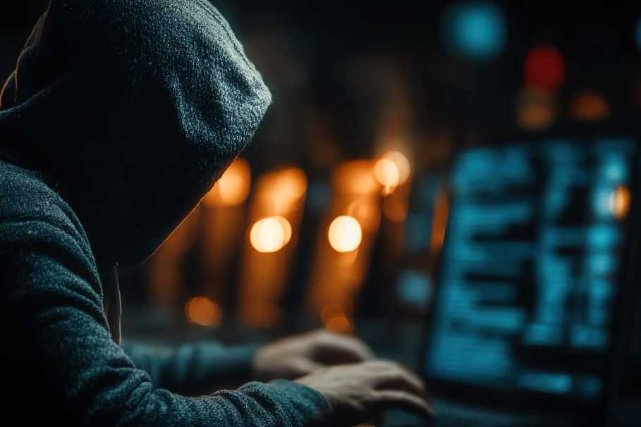 Person mit Kapuzenpulli in dunkler Umgebung vor einem Computer sitzend