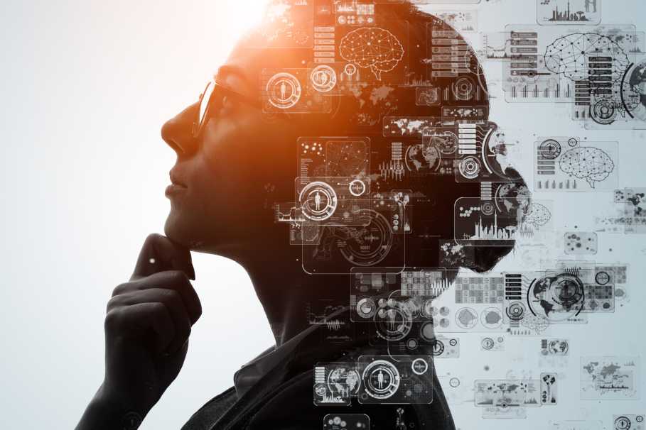 KI-generiertes Bild, das eine Frau in einer nachdenklichen Pose zeigt, umgeben von vielen KI- und IT-bezogenen Symbolen und Grafiken.